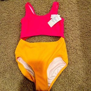 NWT old navy Preppy orange and pink one price cut out bathing suit size 14-16